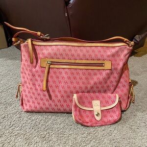 Dooney & Bourke Red Canvas Signature Logo Leather Trim Shoulder Bag & Coin Purse